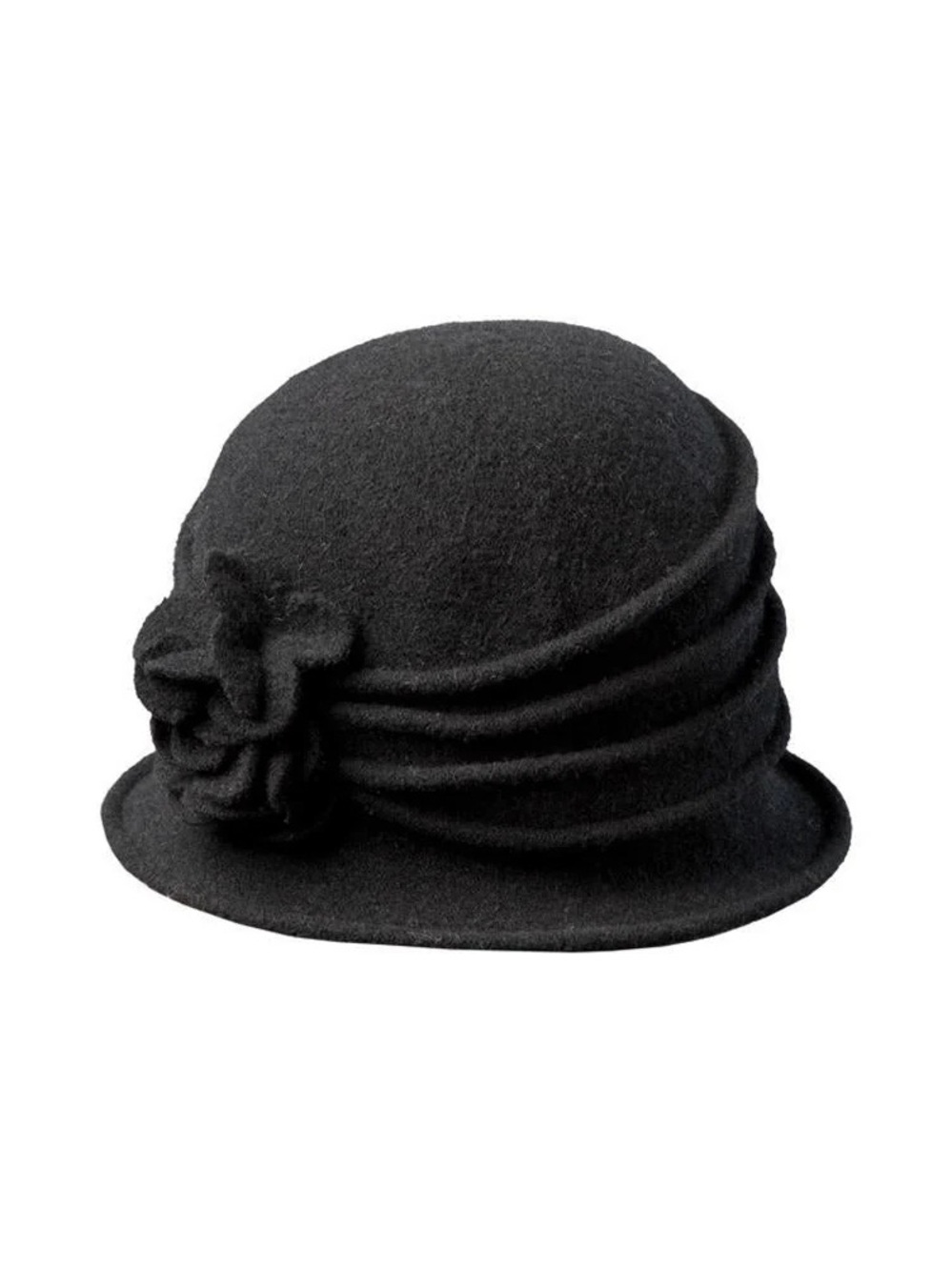 Scala Black wool Felt Cloche Hat with Rosette Detail
